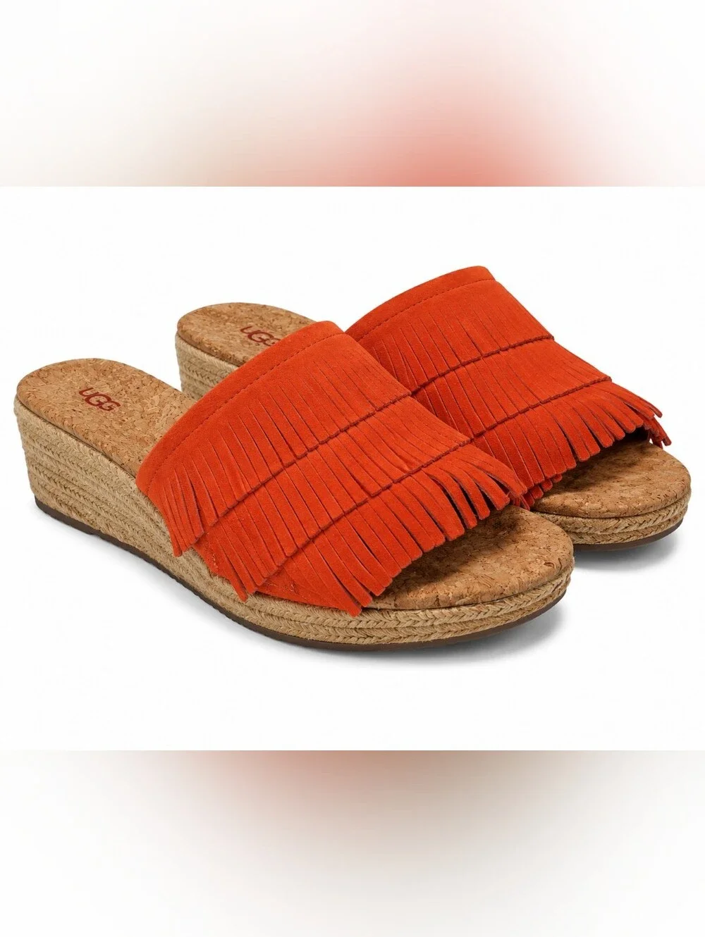 UGG Kari Fringe Slide Sandals Orange Cork Espadrille Wedge 7 Western Boho Resort